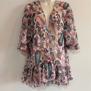 American Eagle Paisley Floral Ruffle Kimono Cardigan Boho Festival Cover Up Med
